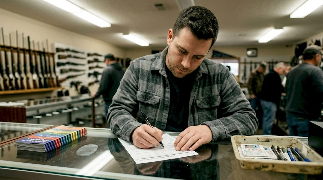First-time buyer at gun shop counter