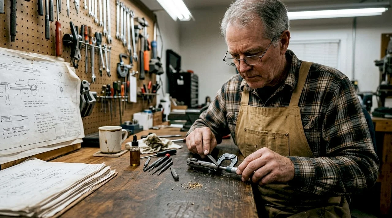 Gunsmith calibrating firearm parts at workbench