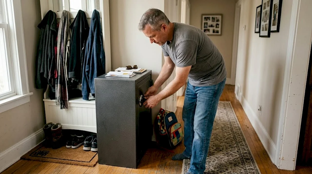Person locking gun safe in hallway
