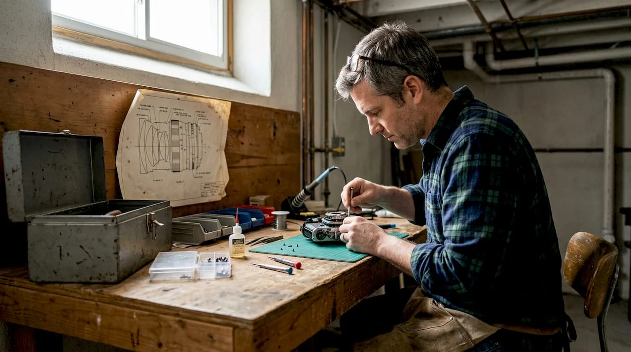 Man cleaning pistol at cluttered workbench