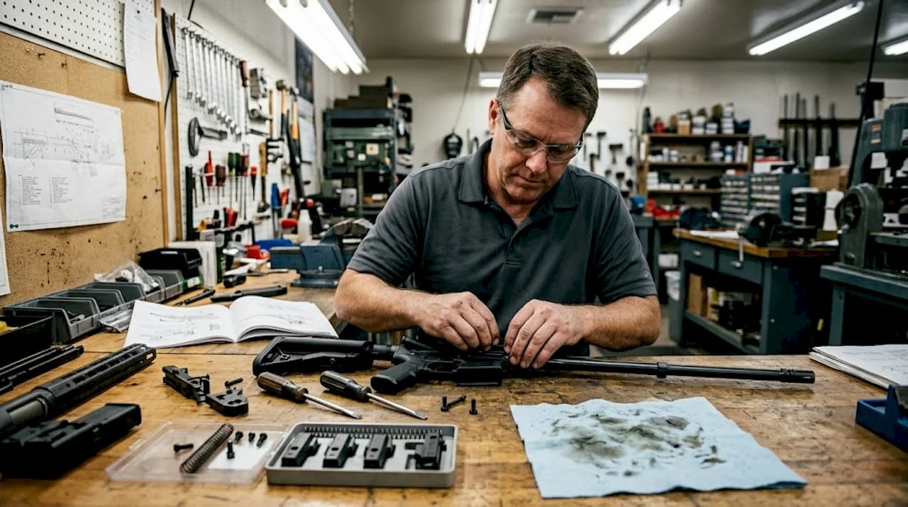Technician assembling modular rifle in workshop