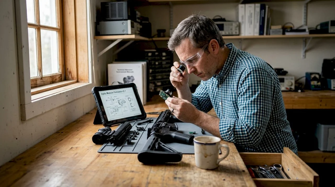 Engineer reviewing smart rifle module on workbench
