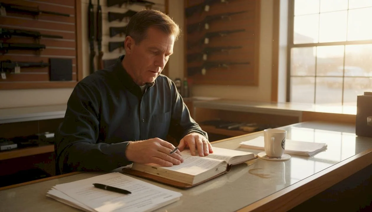 Firearms dealer reviews compliance paperwork at counter