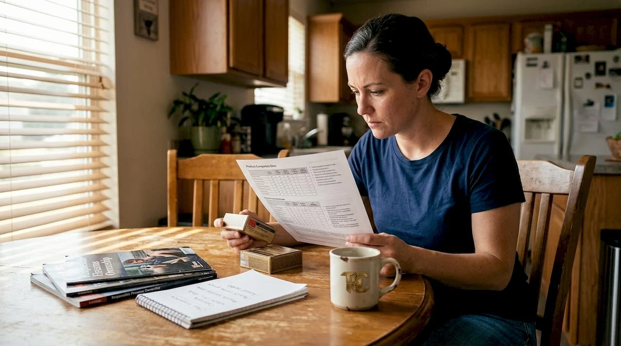 Woman comparing ammo boxes at kitchen table