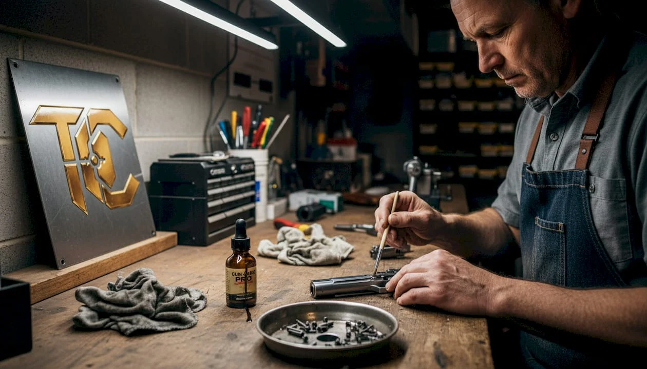 Gunsmith applying protective coating to handgun parts