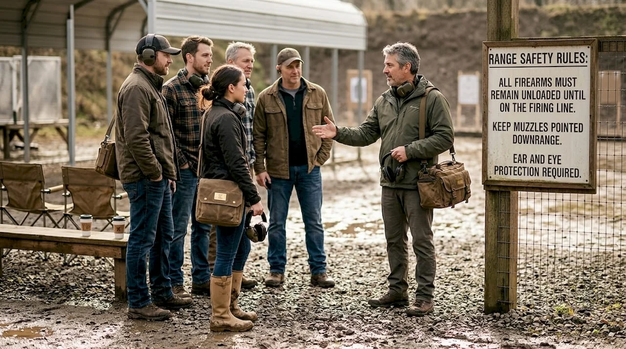 Group at shooting range chatting with gear
