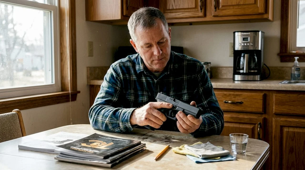 Man checking serial number on handgun