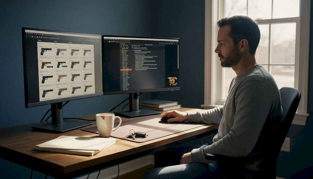 Man researching firearm retailers on dual screens at desk