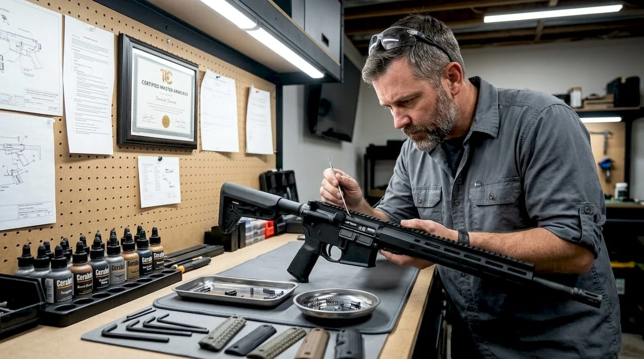 Gunsmith customizing firearm at workbench