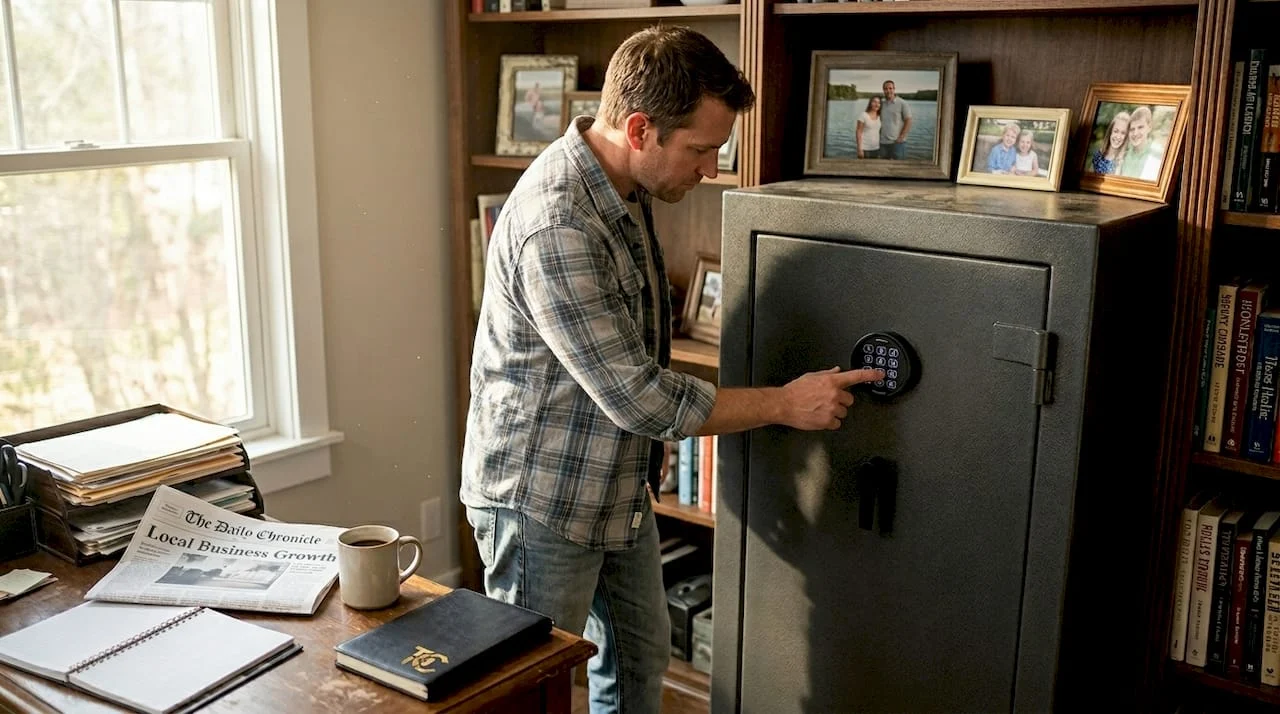 Man unlocking firearm safe in home office