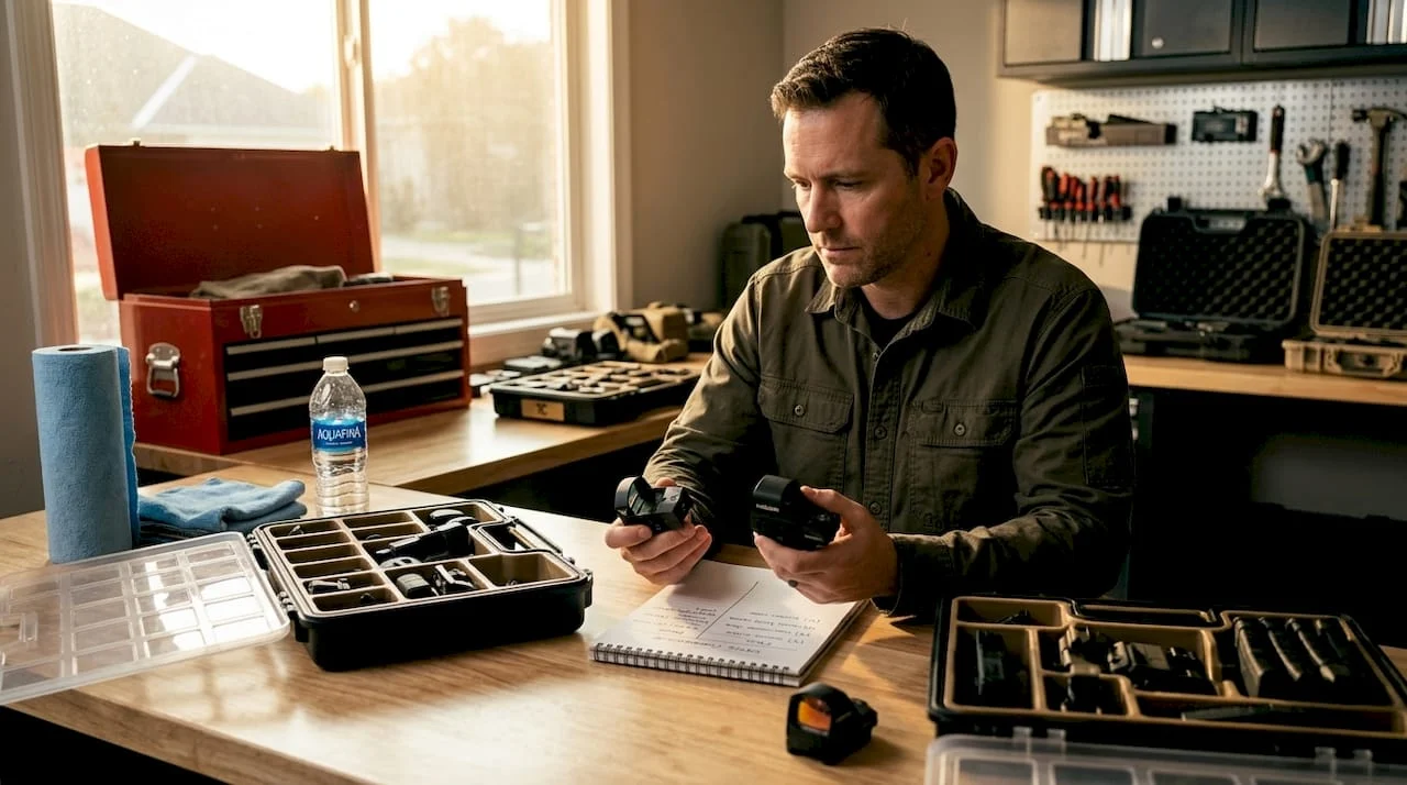 Owner sorting firearm accessories in garage workspace