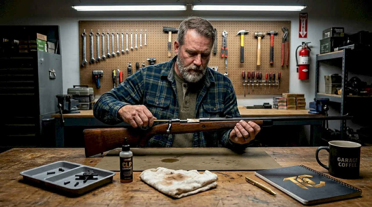 Man cleaning rifle at garage workbench