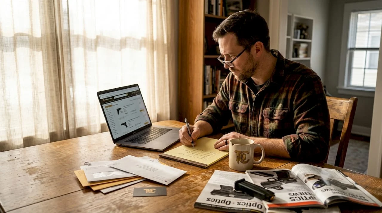 Man researching firearm prices at home workspace