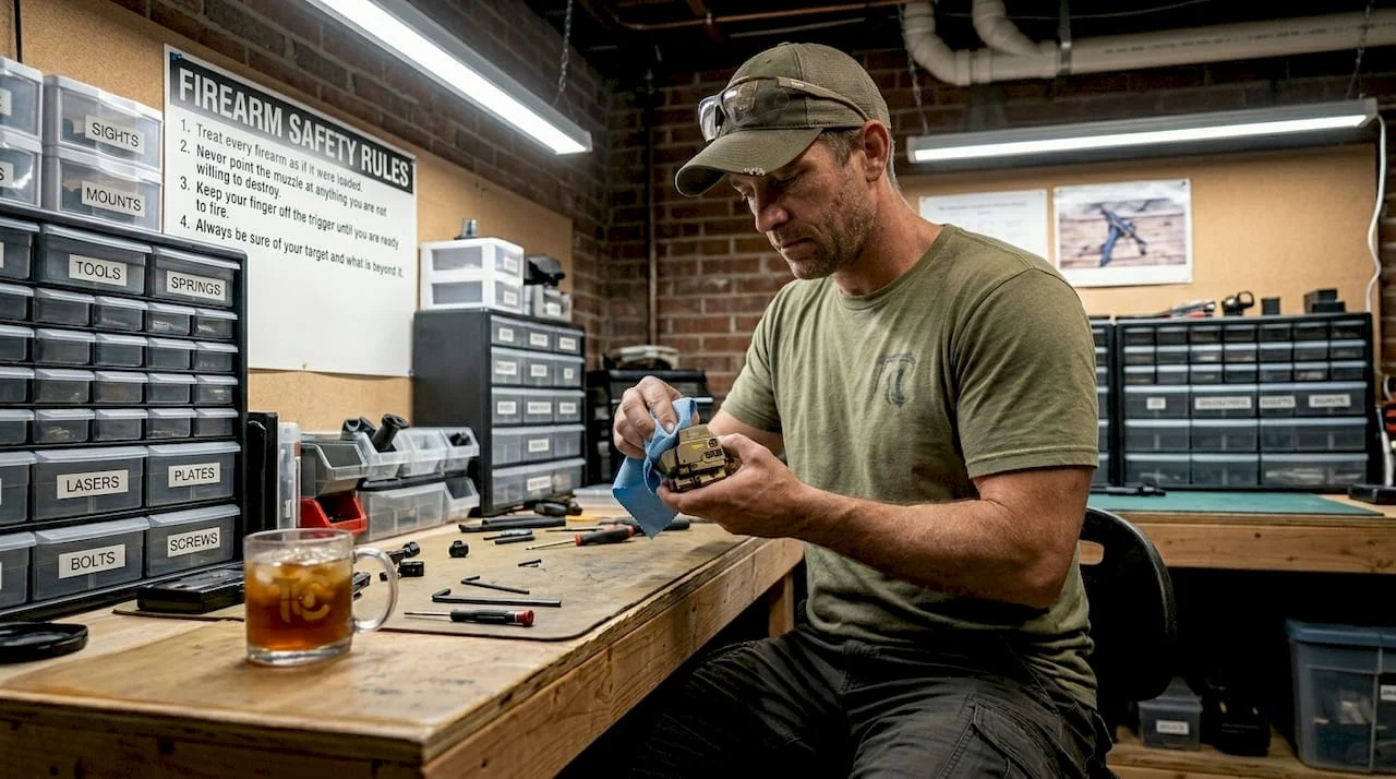 Shooter maintaining gun optic at workbench