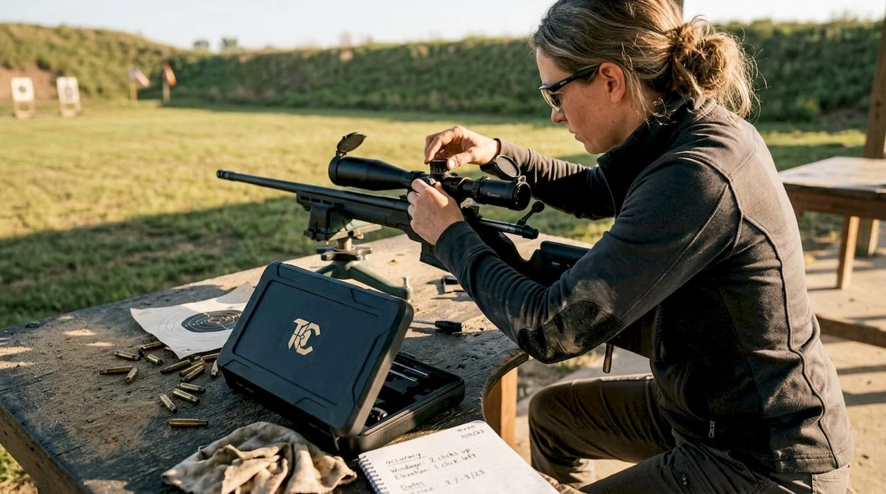 Shooter adjusting rifle optic at range