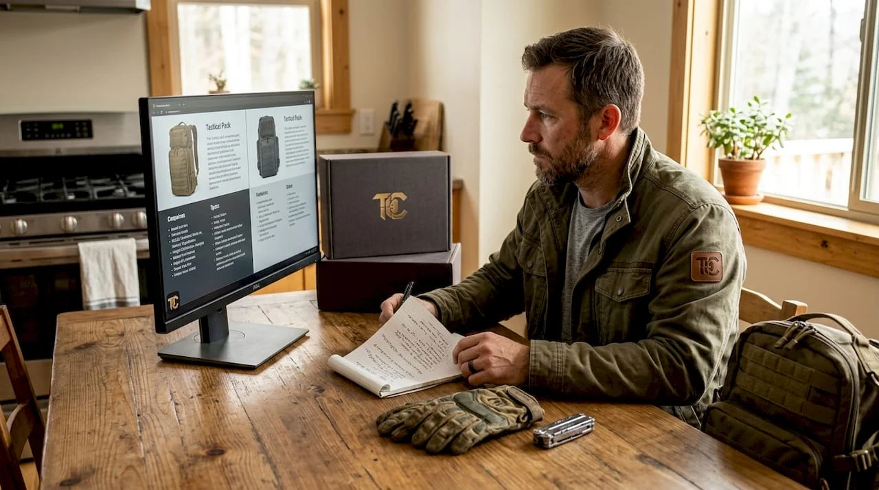 Man comparing tactical gear at home office desk