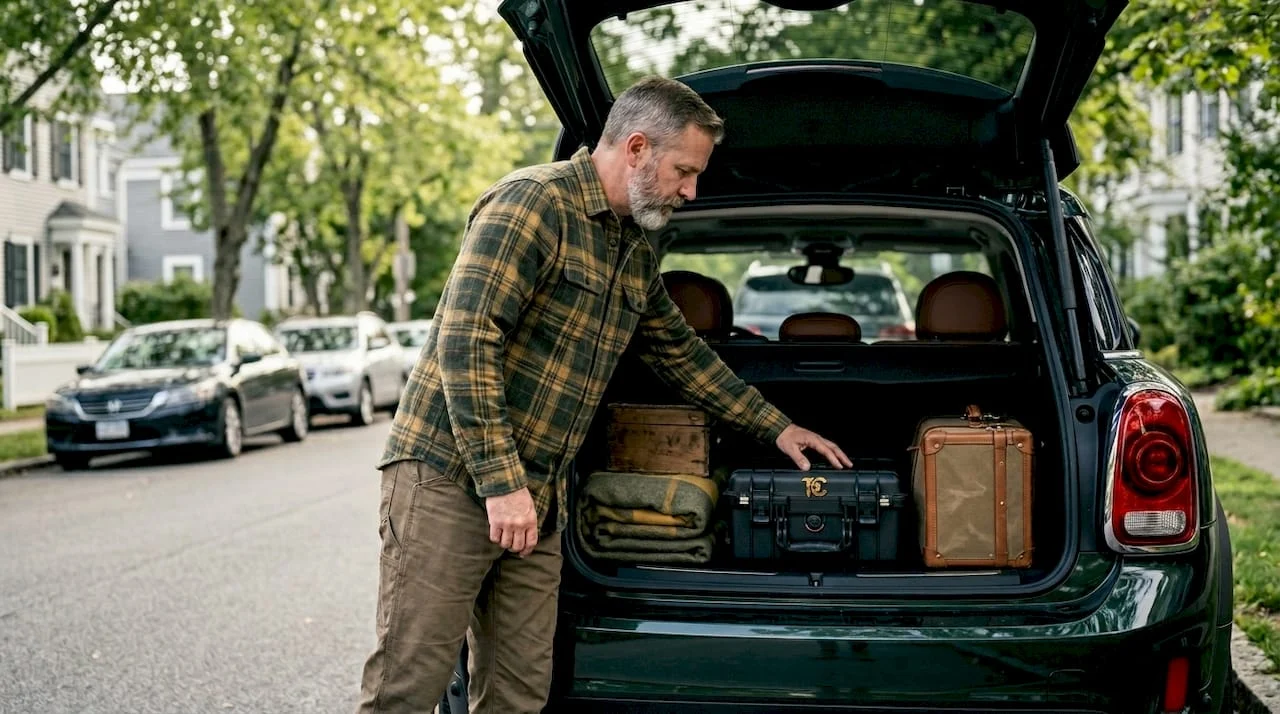 Person loading locked firearm case into SUV trunk