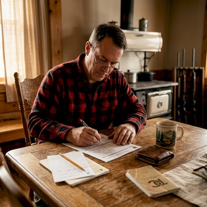 Man completing firearms paperwork at kitchen table