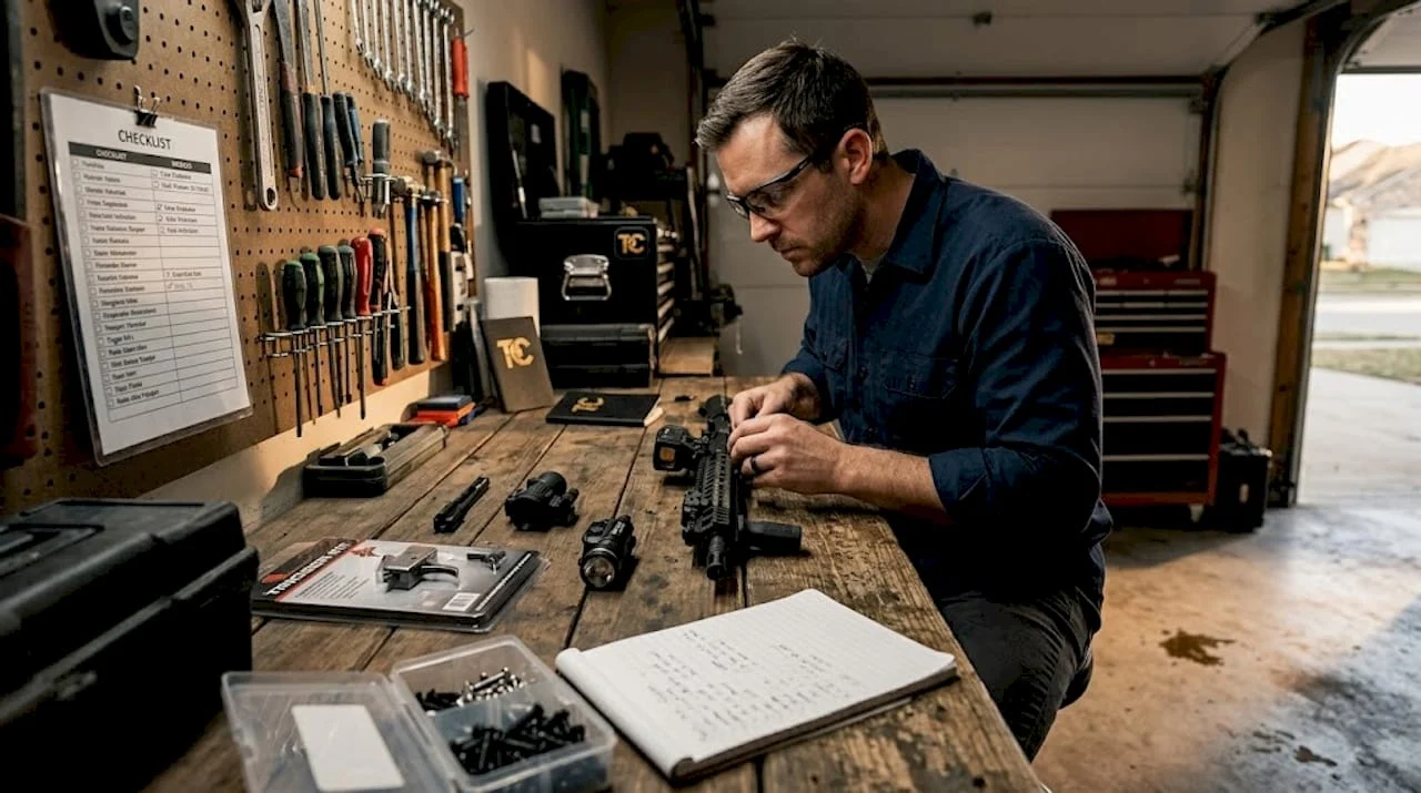 Firearm enthusiast reviewing upgrade options