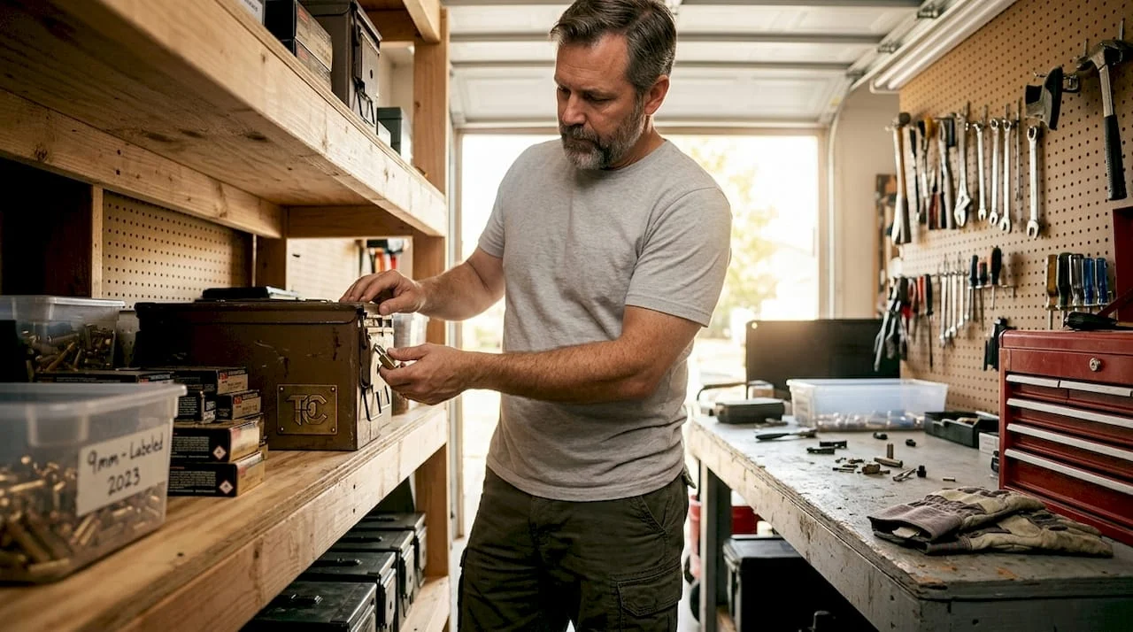 Man organizing ammunition in secure home storage
