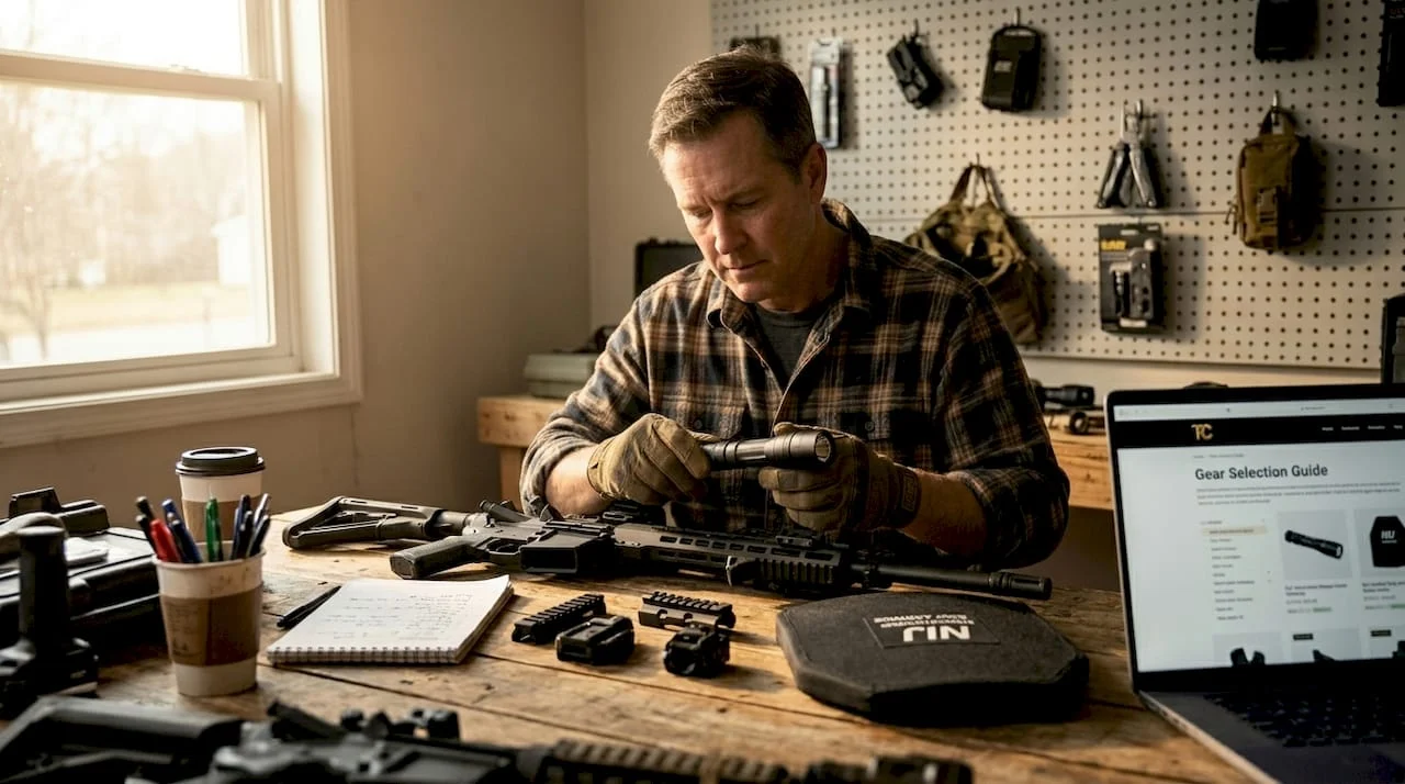 Man comparing tactical accessories at worktable
