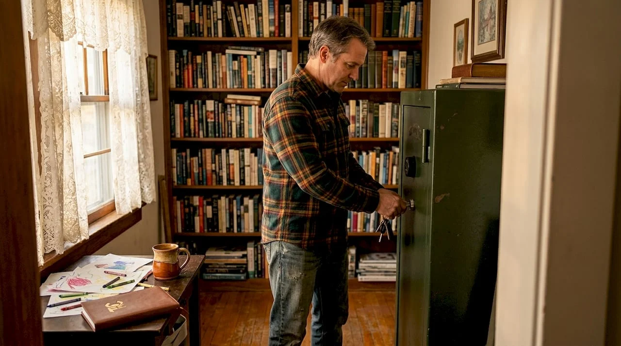 Man unlocking gun safe in home living room