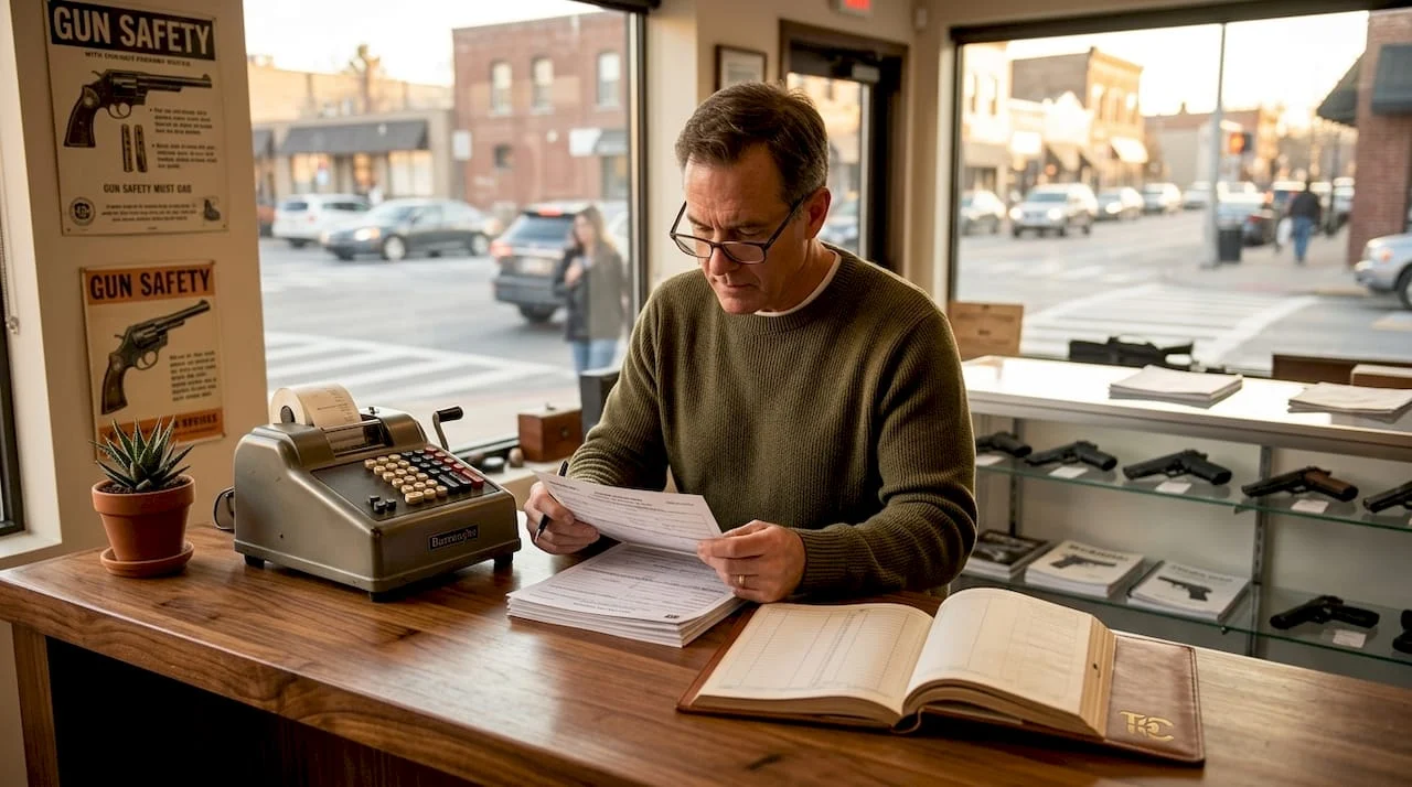 Gun shop owner reviewing sales paperwork behind counter