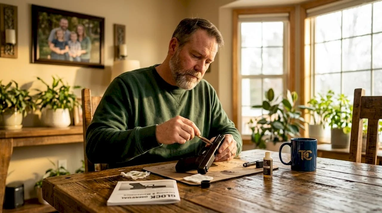 Man cleaning firearm at home kitchen table