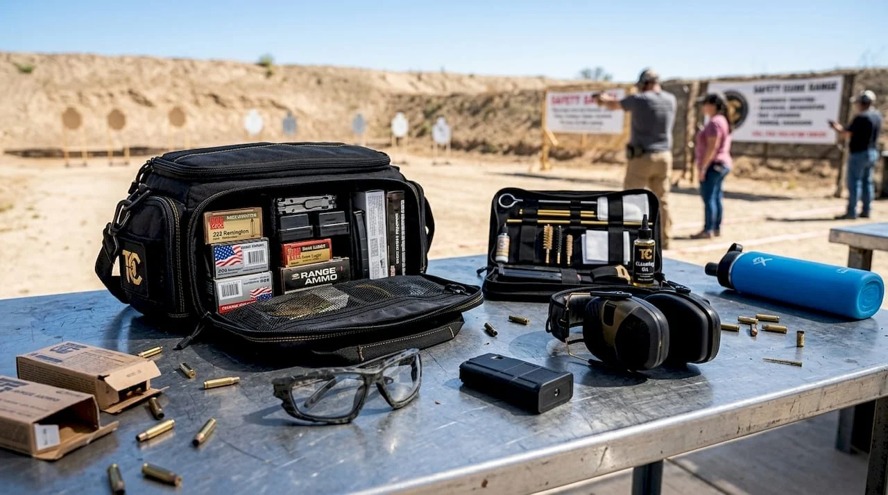 Essential shooting accessories neatly arranged on bench