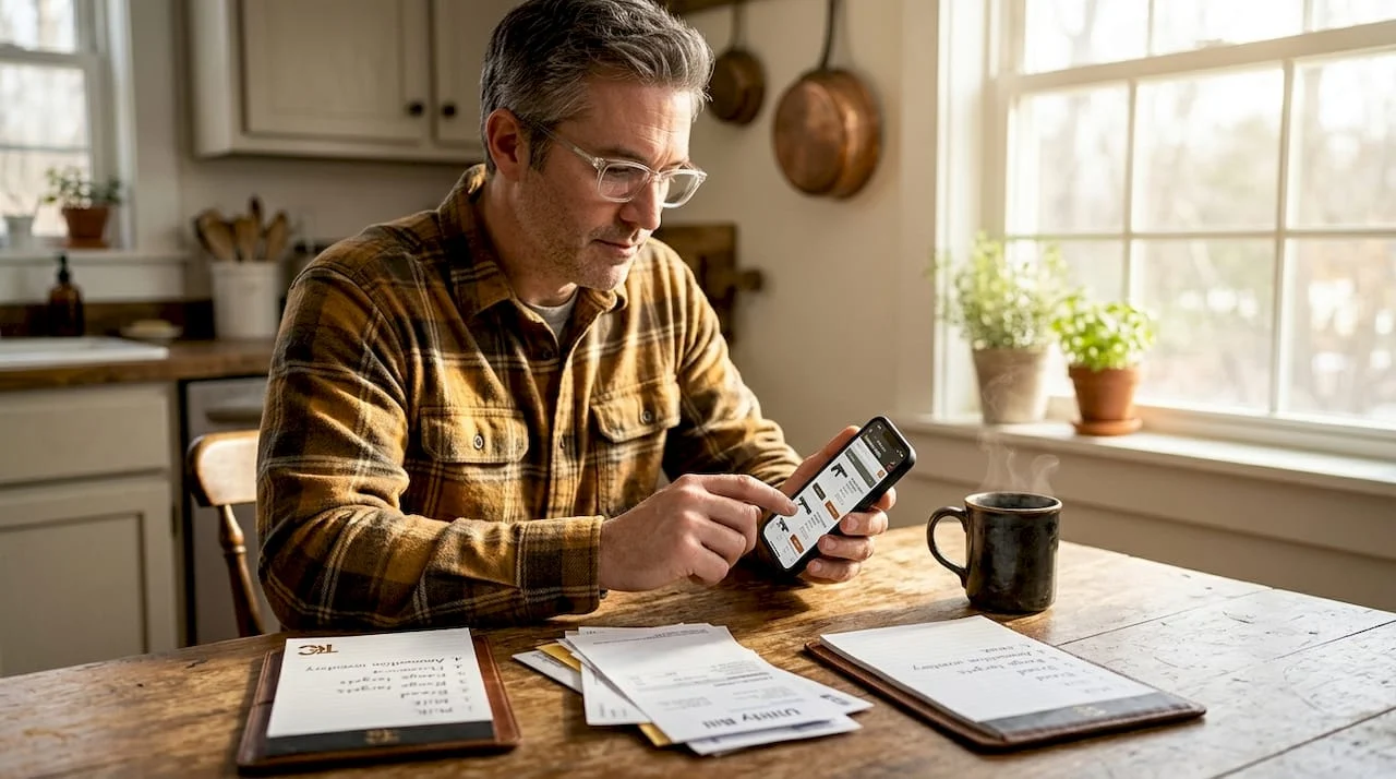 Man uses firearms app at home kitchen table