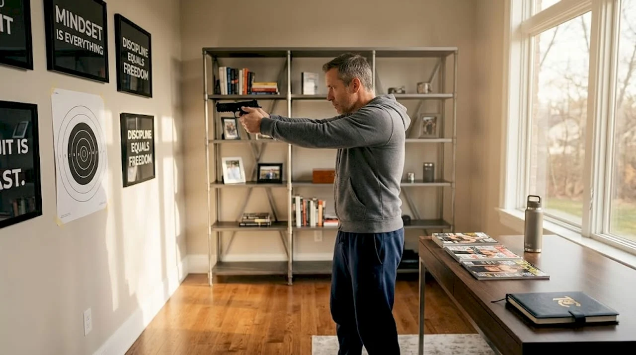 Shooter practicing dry fire drills at home