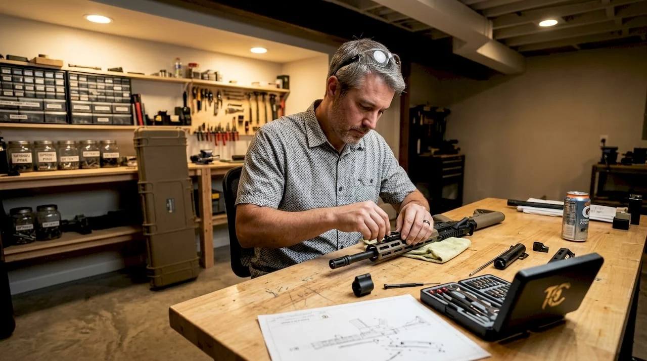 Firearm enthusiast assembling rifle in clean workshop