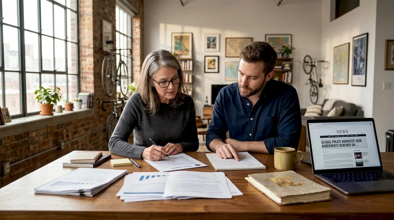 Two people discussing gun law policies at kitchen table
