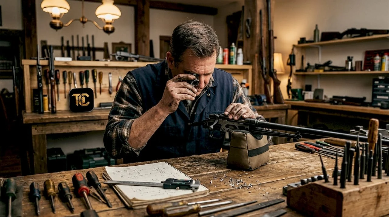 Gunsmith at workbench inspecting firearm parts