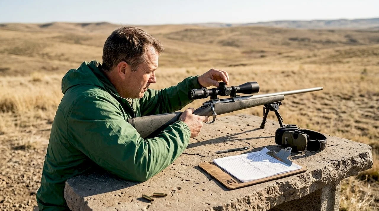 Shooter adjusting rifle scope at outdoor range