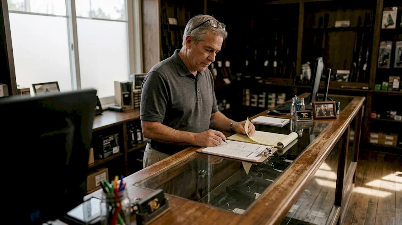 Firearms store manager reviewing documents at shop counter
