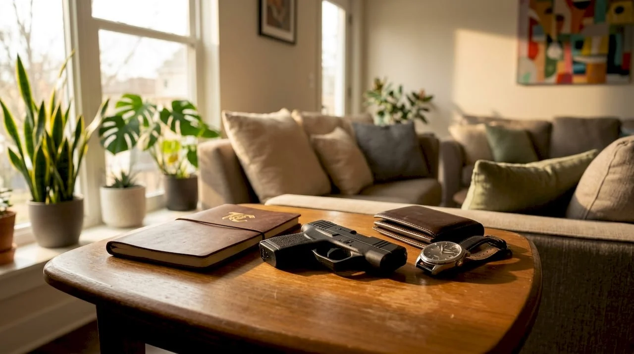 Micro-compact pistol resting on holster on kitchen counter