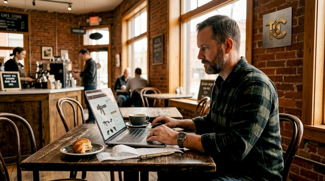 Man browsing firearms websites at home table