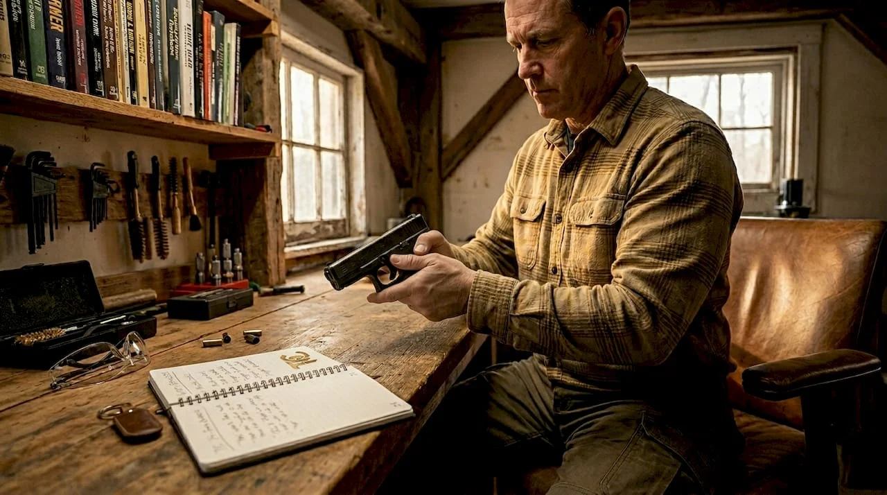 Responsible owner inspecting handgun at home study