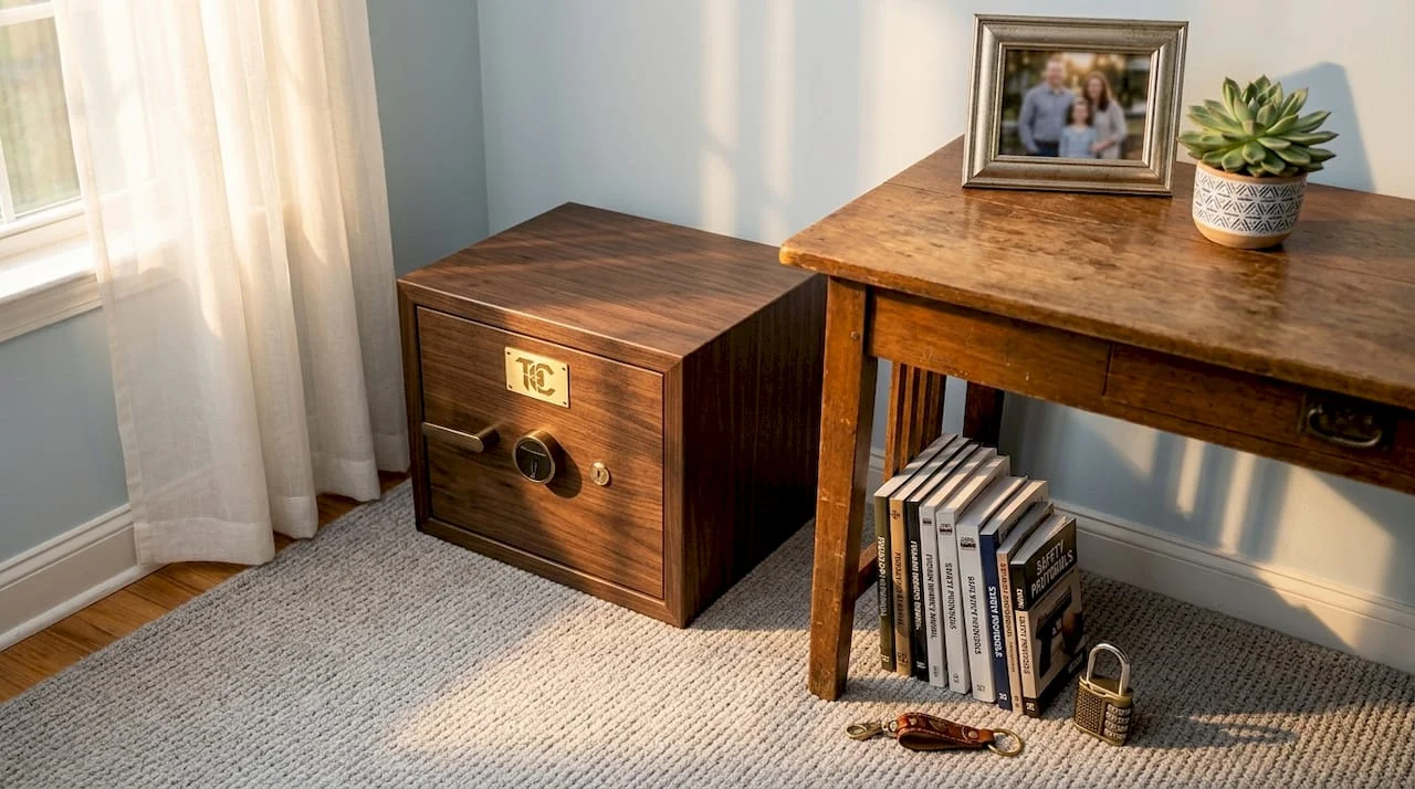 Modern home gun safe in living room corner