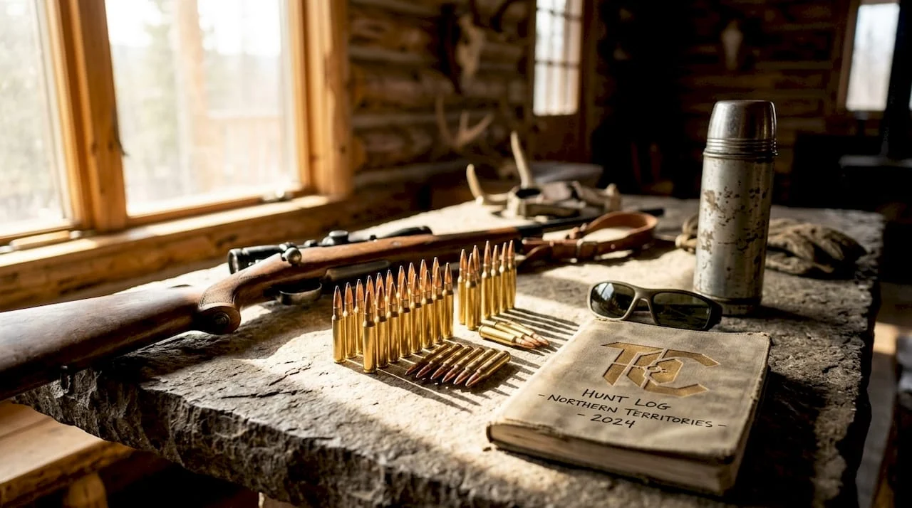 Close-up of hunting ammunition and rifle on table