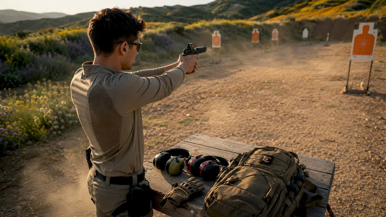 Man practicing pistol marksmanship outdoors