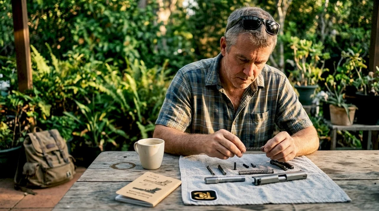 Man examining handgun parts at kitchen table