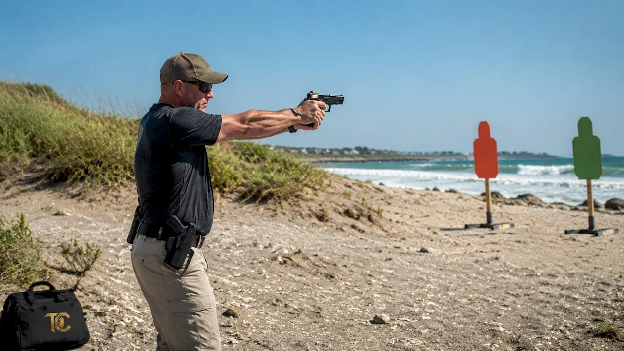 Man practicing point shooting at outdoor range