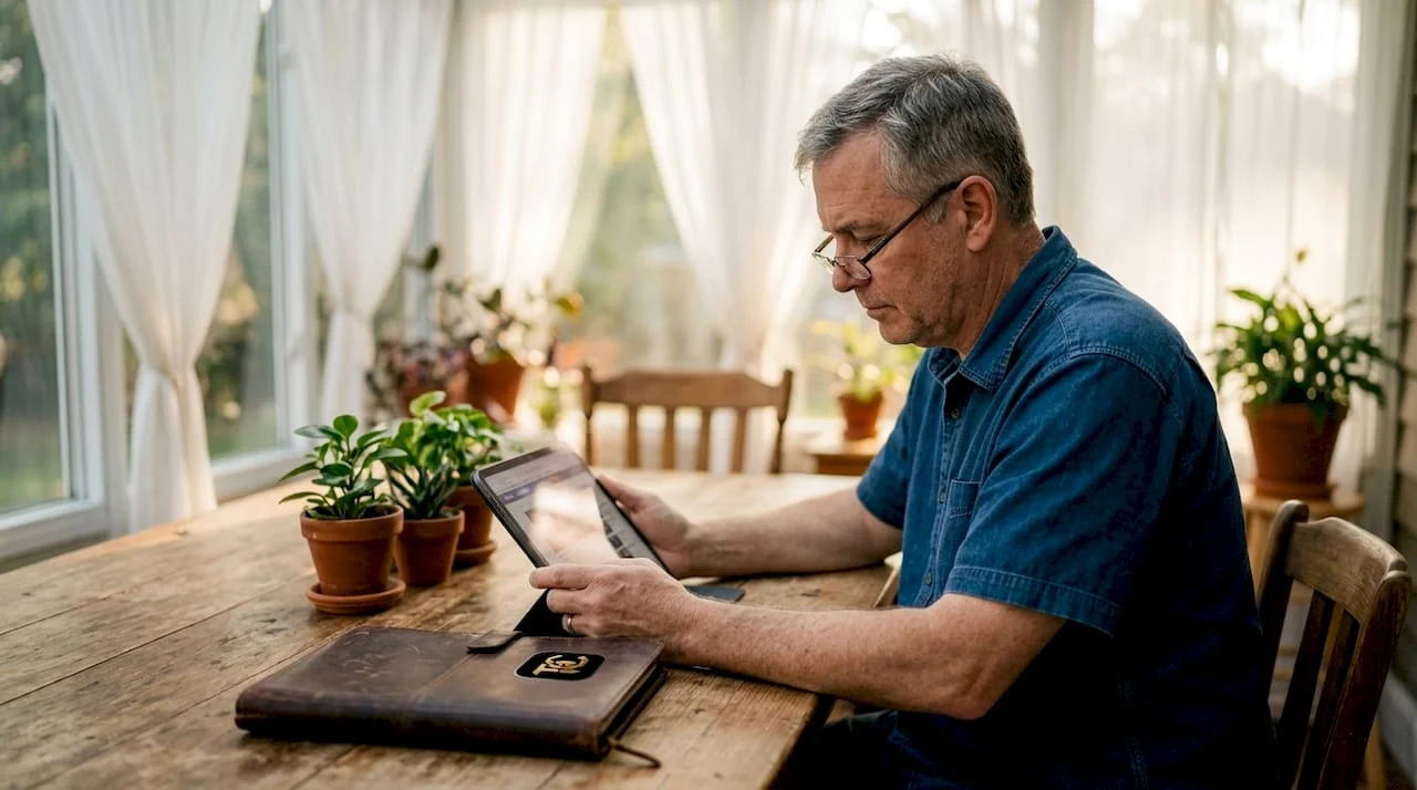 Man browsing firearm alternatives on tablet in home office