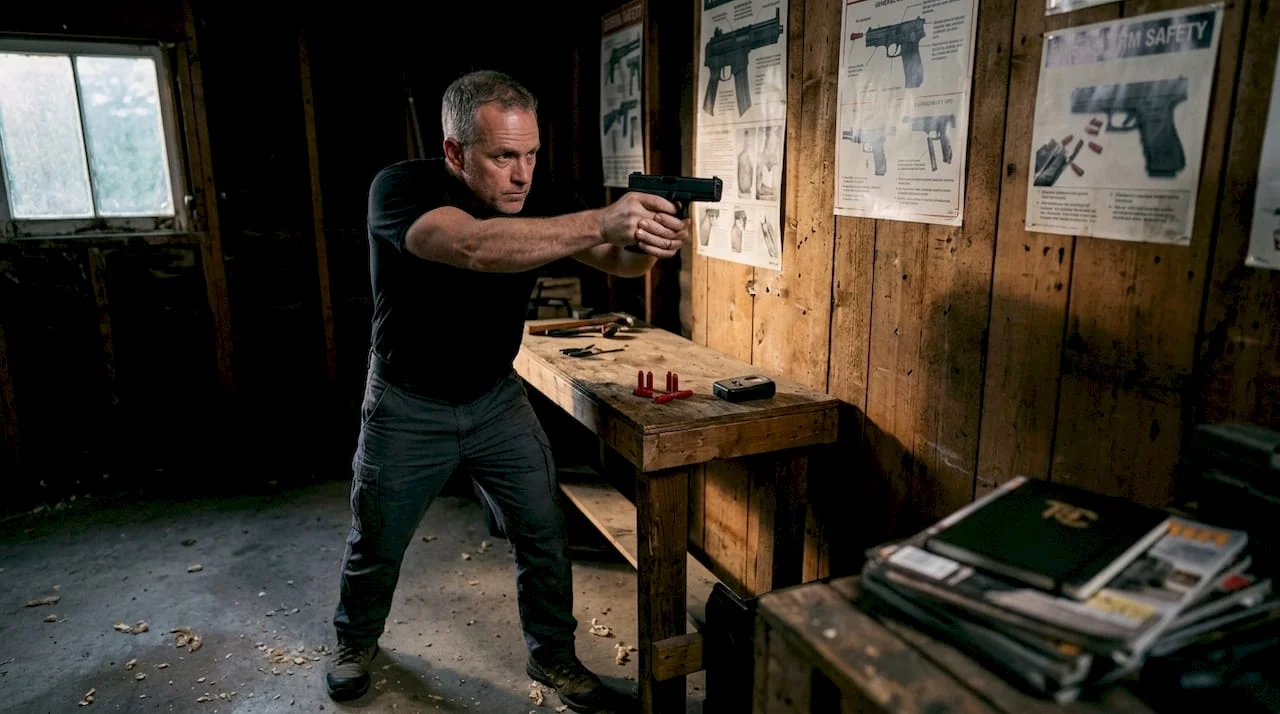Man practicing dry fire training at home shooting range