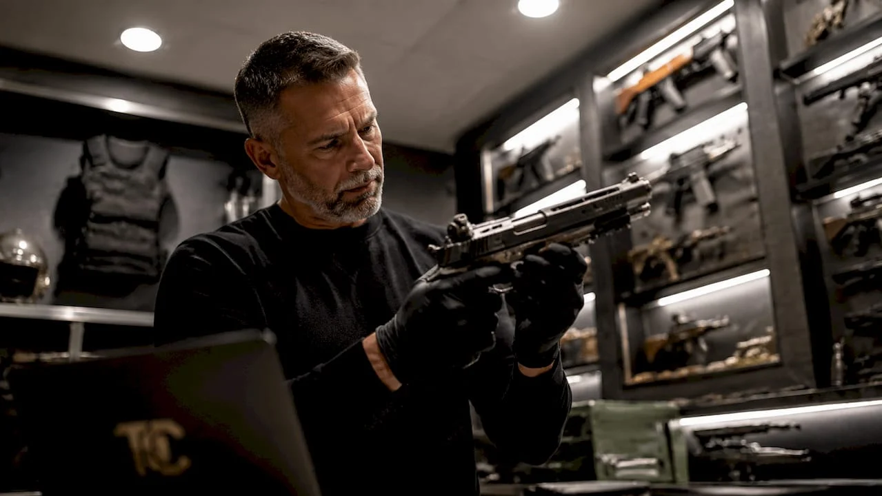 Collector examining premium custom pistol