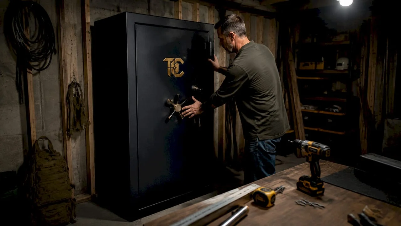 Man installing gun safe at home