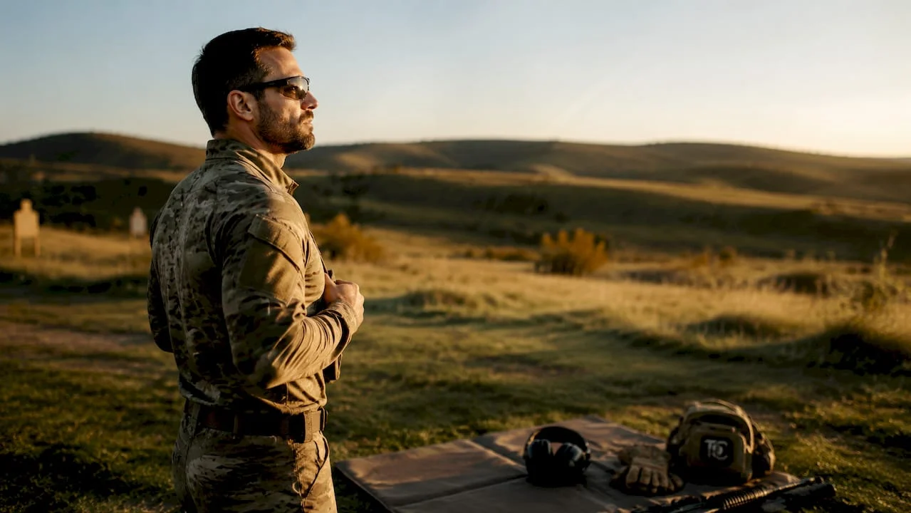 Tactical shooter wearing ballistic eyewear outdoors