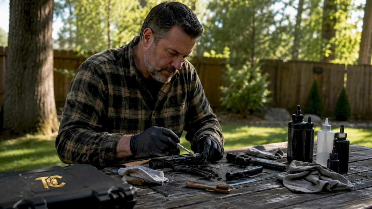 Person cleaning handgun at home workspace